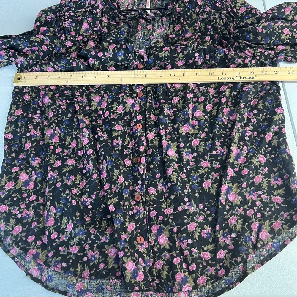 Free People Meant To Be Black Floral Print‎ Full Mutton Sleeve Peasant Blouse M